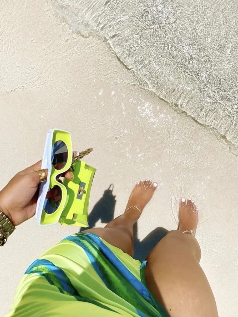 Women Neon Green Rectangle Sunglasses